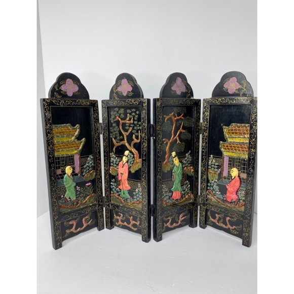 Antique Asian Table top Folding Screen, Chinoiserie, Four Panels , mini screen - Picture 1 of 11